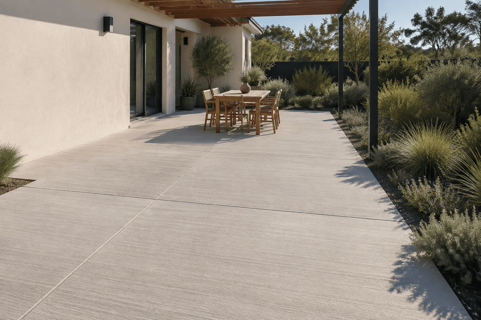 clean concrete patio with native landscaping and a simple outdoor dining area
