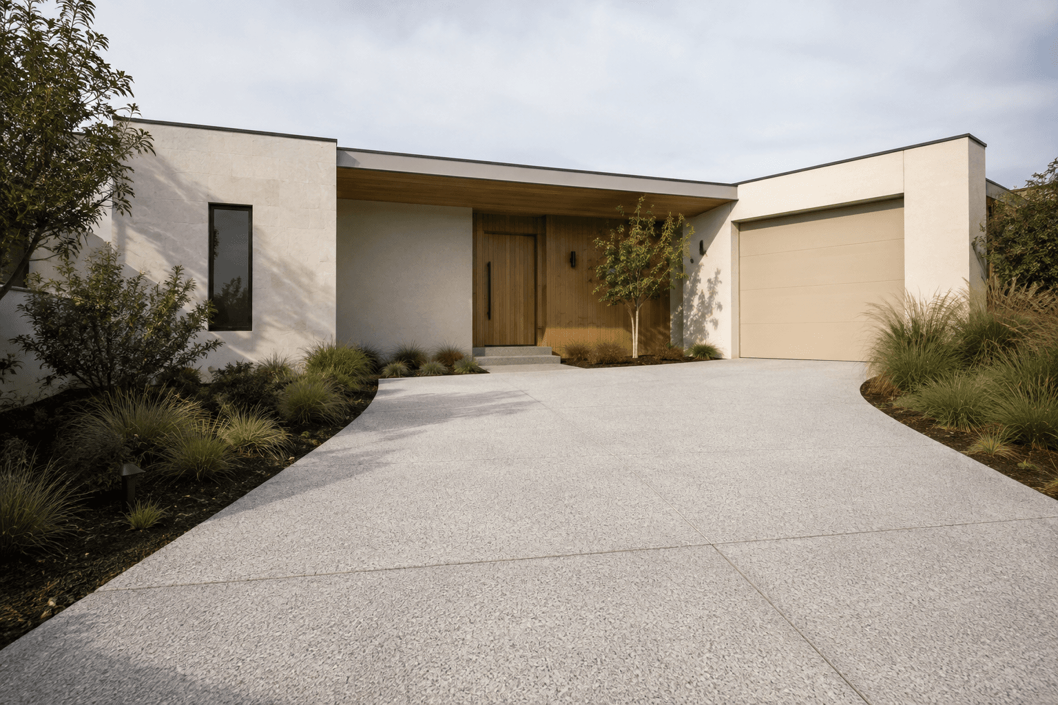 pale exposed-aggregate driveway at a contemporary Western Australian home