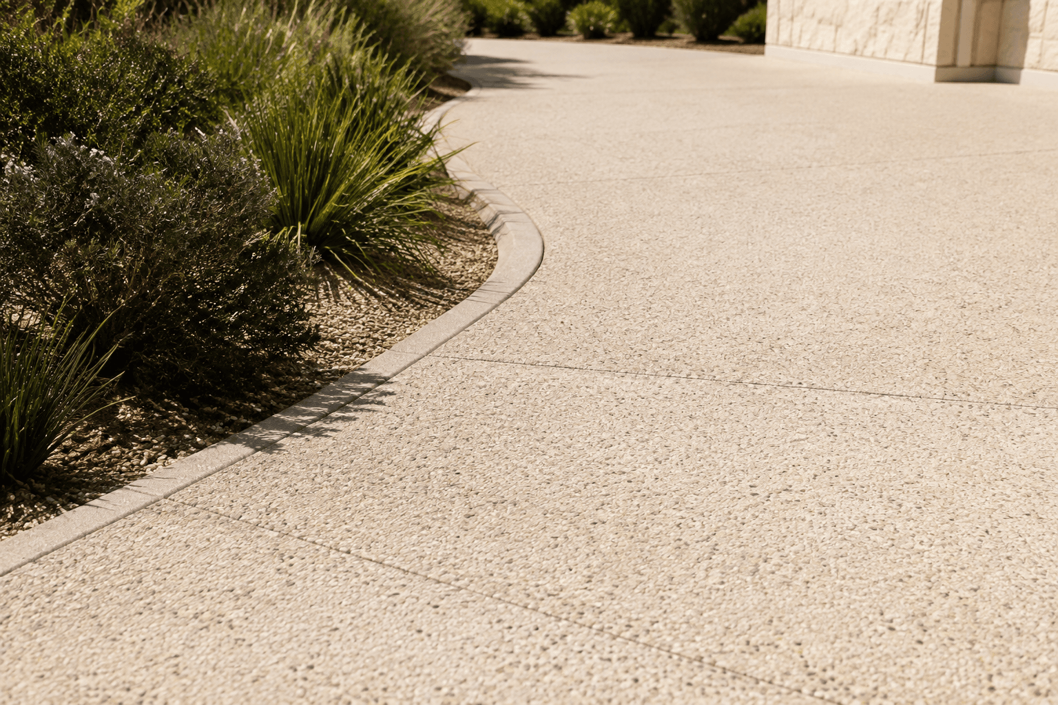 Limestone-toned exposed aggregate with a defined edge beside native planting